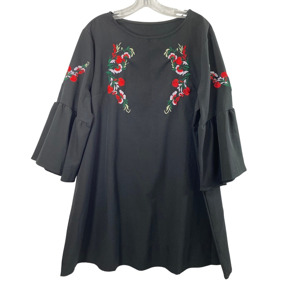 Womens Floral Embroidered‎ Tunic Dress Size XXL Black Bell Sleeve Boho Folk